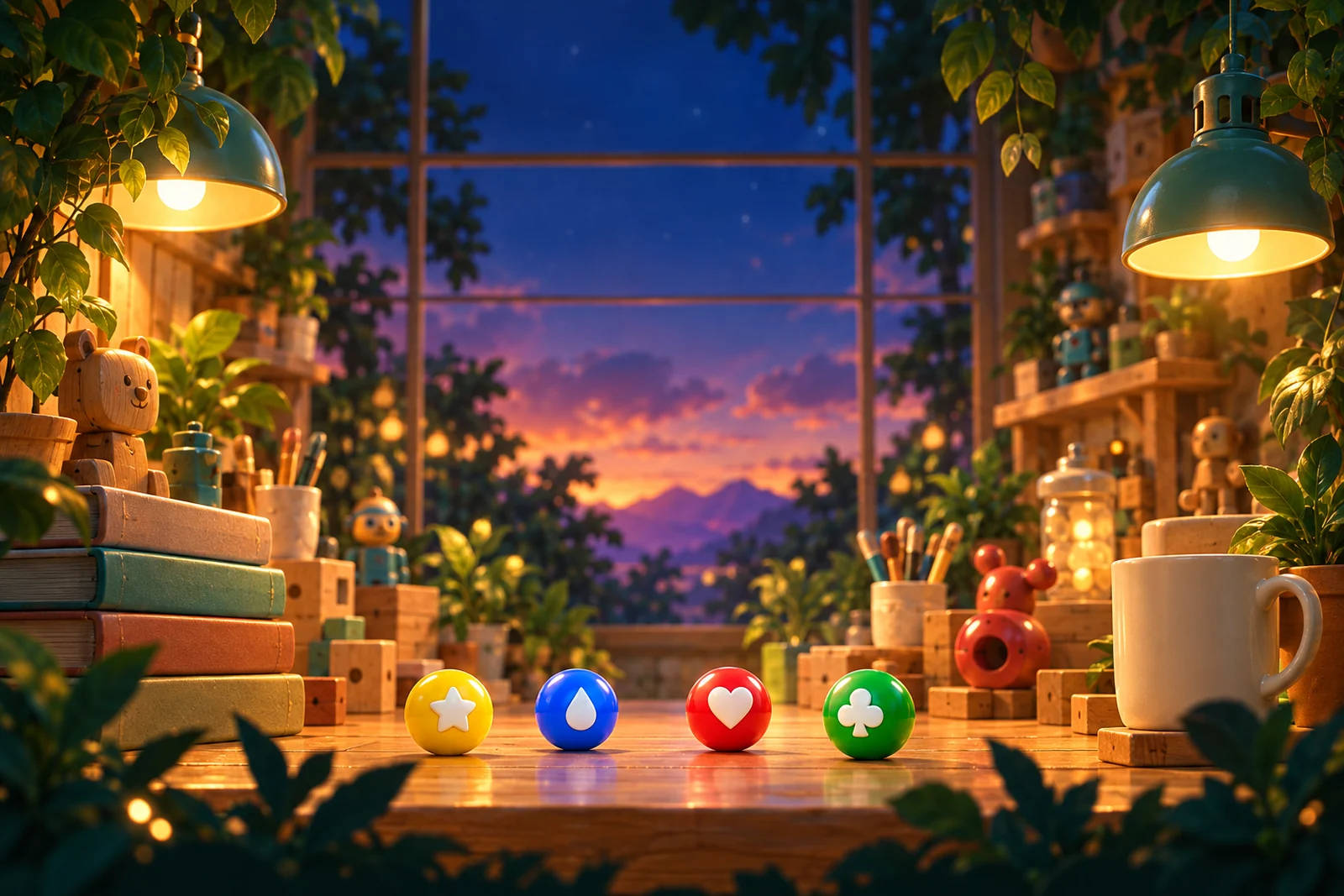 The workshop at dusk, lit by jade lamps, with four colorful candies resting on the table.