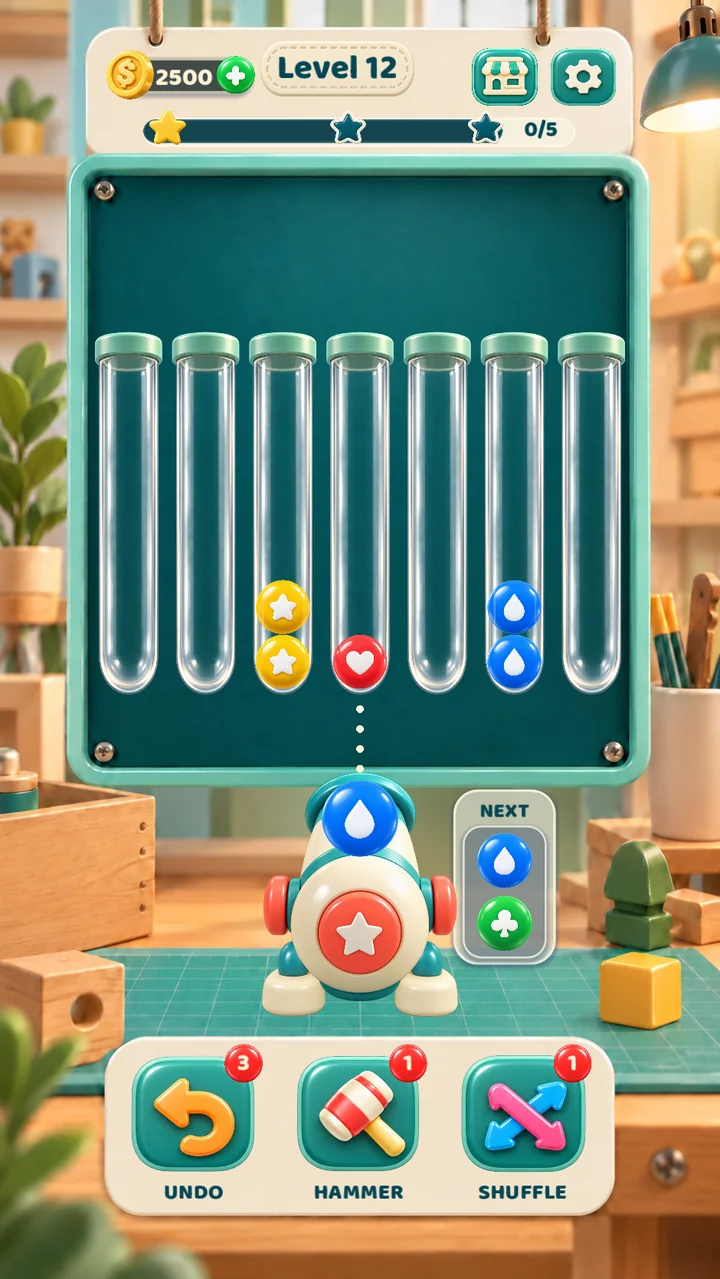 The real game: glass tubes, colored symbol candies and a toy cannon, ready for the next shot.